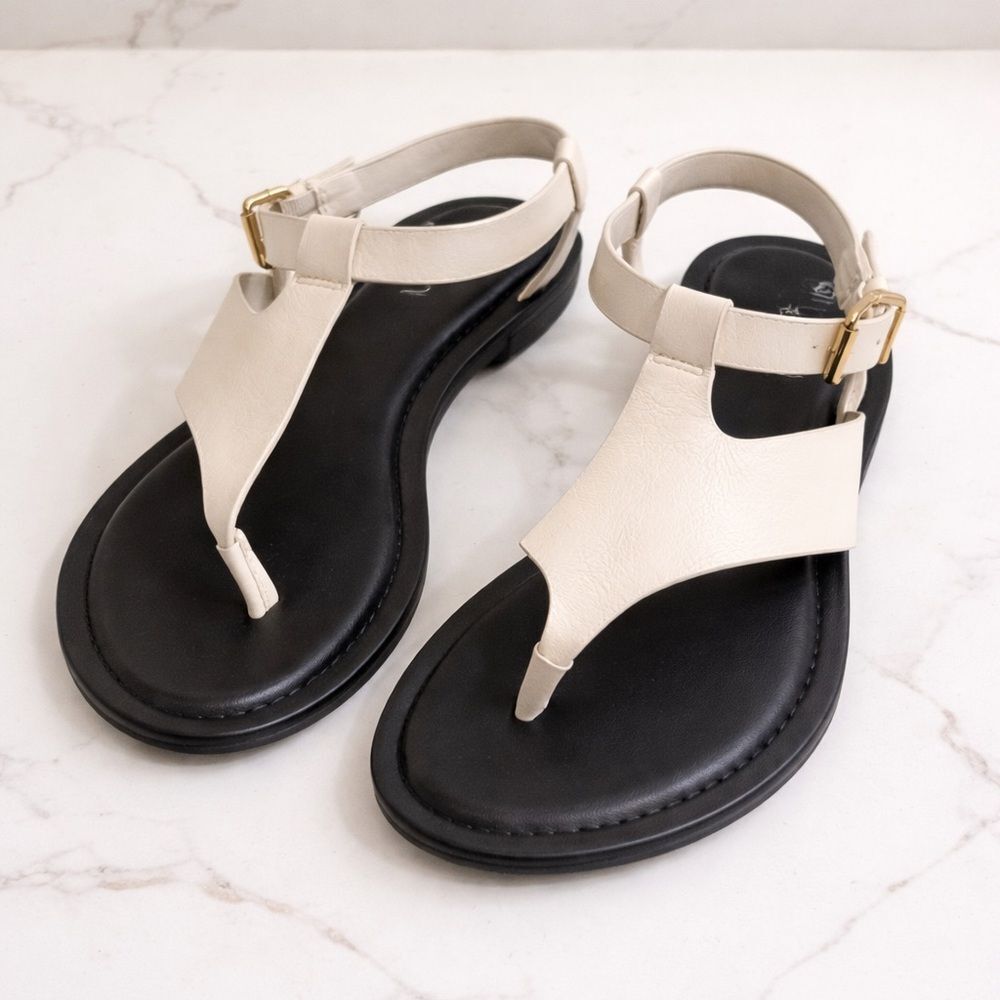 Silent D White Leather T-Strap Thong Sandals Minimalist Flat Sandal